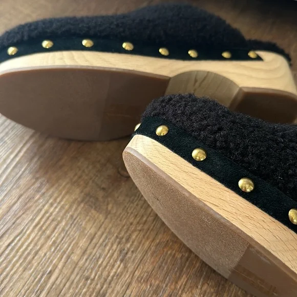 J Crew Faux Fur Sherpa Black Wooden Clogs Shoes Women Size 7 - Picture 4 of 5